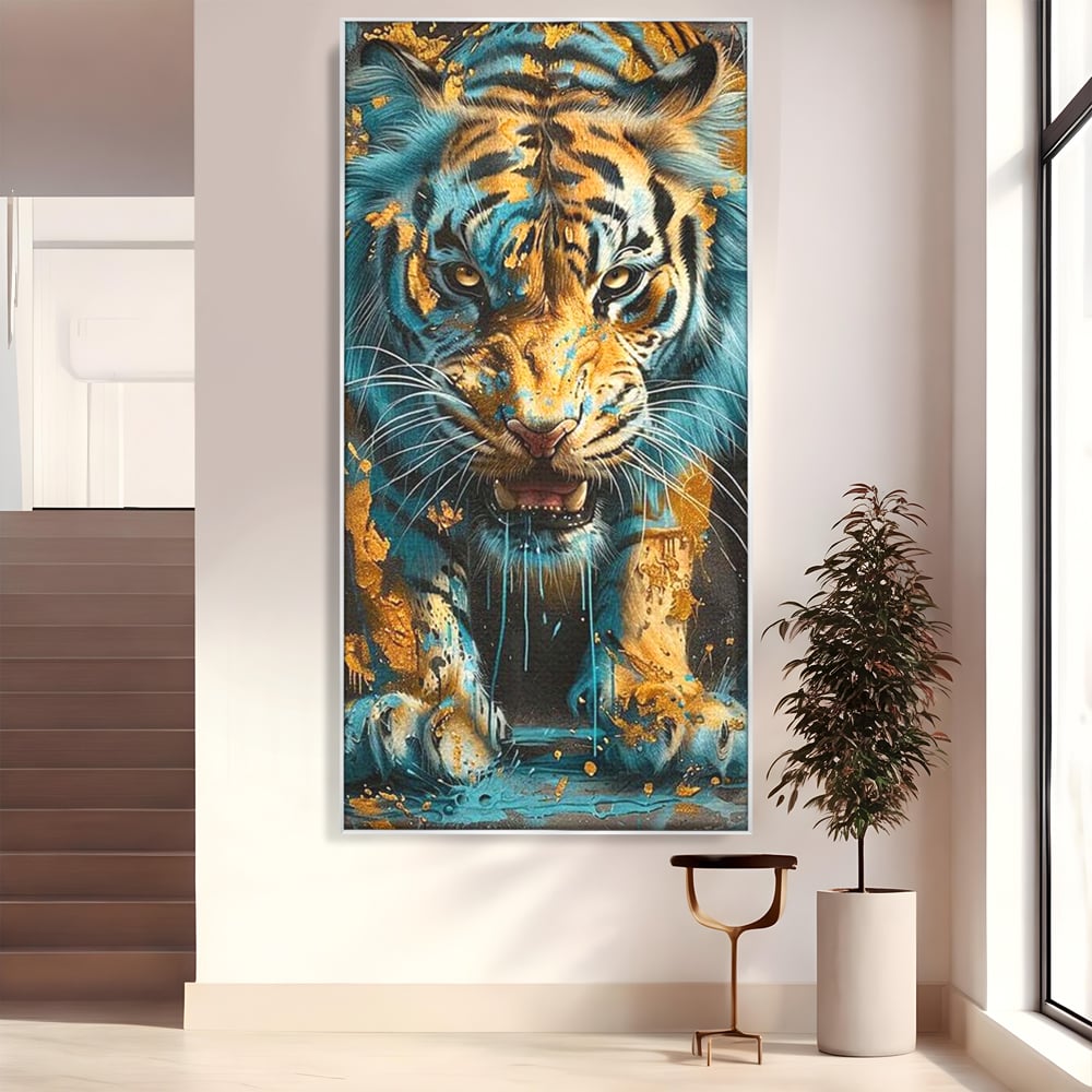 Tablou canvas cu tablou canvas cu tigru furios, in rama de aluminiu argintiu